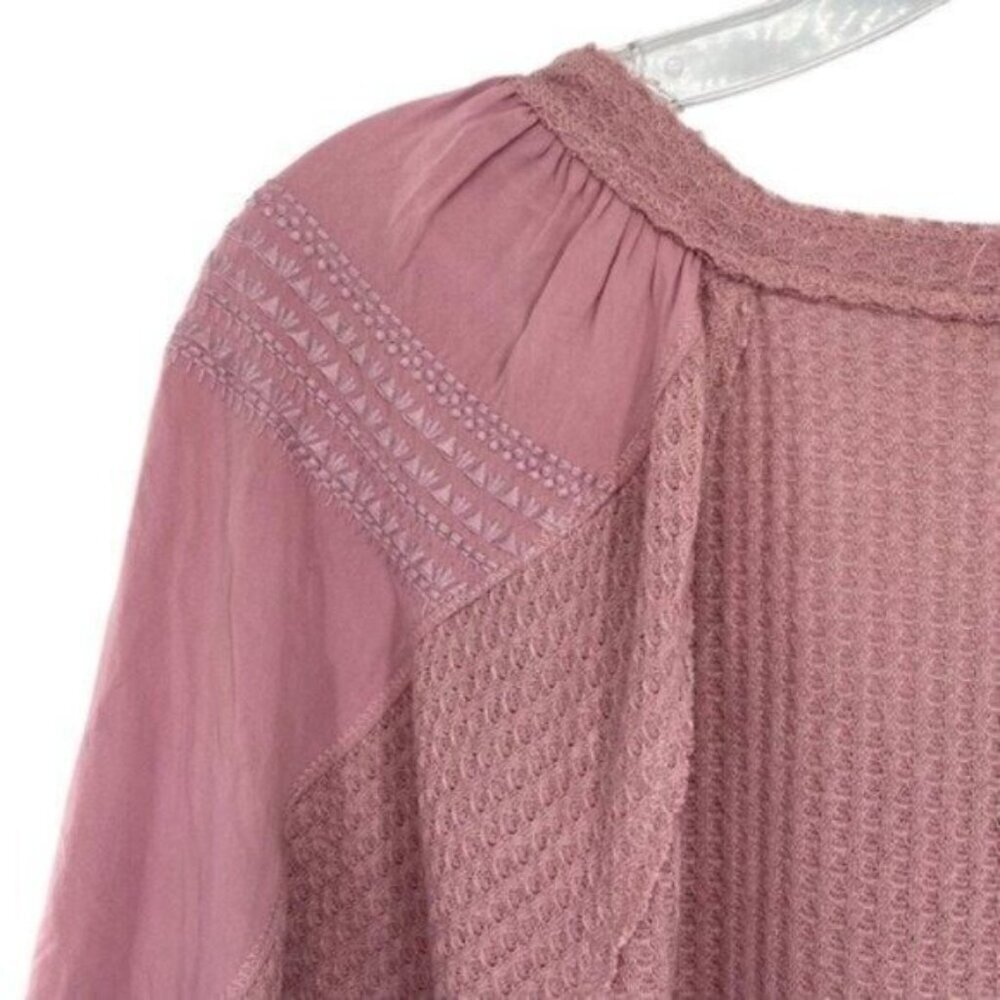 In Loom Waffle Knit Top Mauve Embroidered Puff Sleeve - Picture 7 of 9